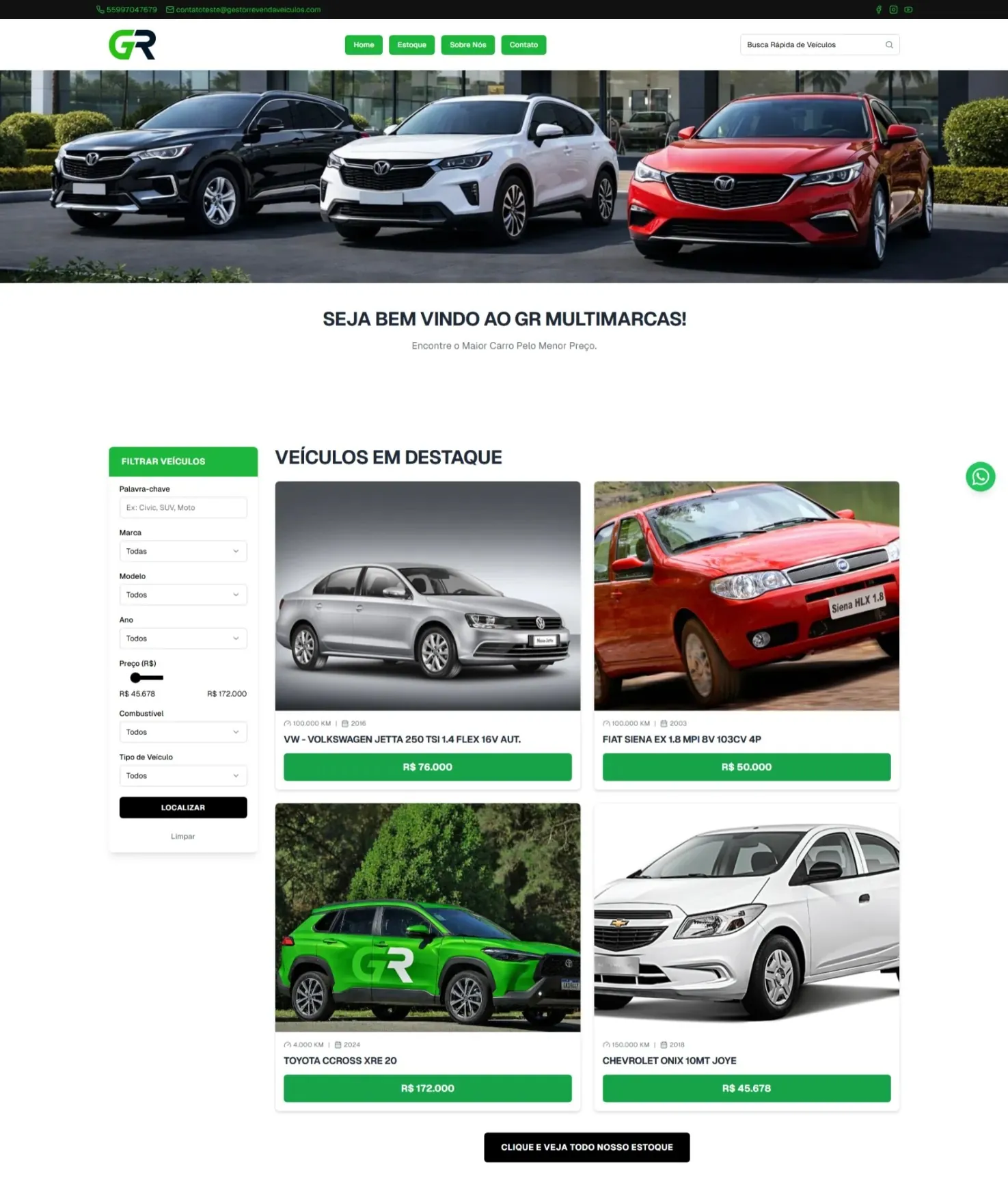 Exemplo de site de revenda com vitrine de veículos, filtros e página inicial